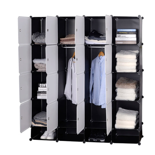 1Set Plastic Bedroom Wardrobe Modules with 2 Clothes Rods for Storage Toys Books Shoes White Black 14 Cubes Clothes Accessories